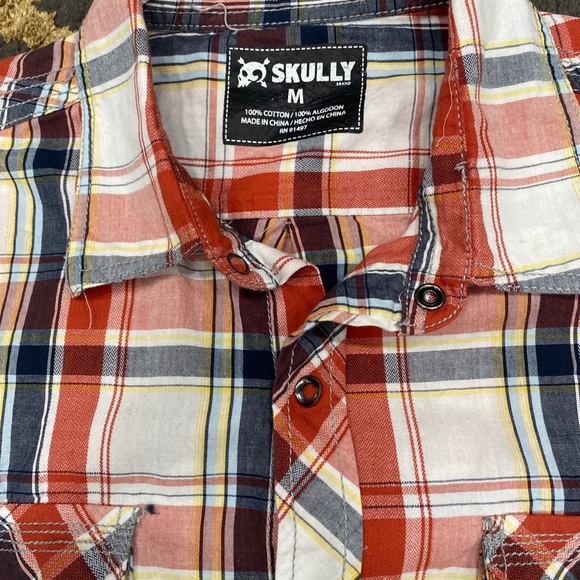 Skully Teal Black White Red Plaid Western Snap Button Down Shirt M - Picture 2 of 6